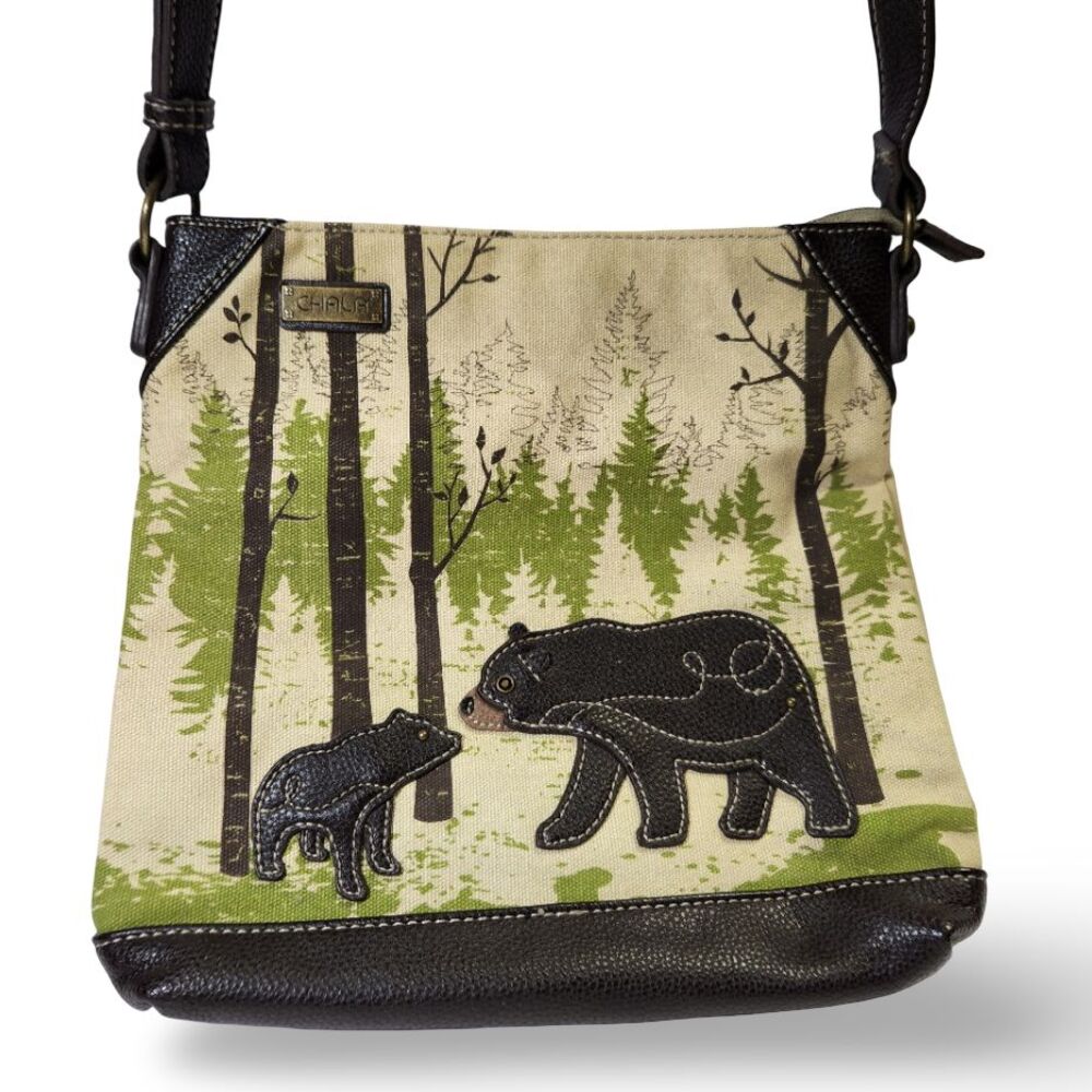Chala Black Bear & Cub Crossbody Bag 11" Canvas Purse Appliqué Adjustable Strap